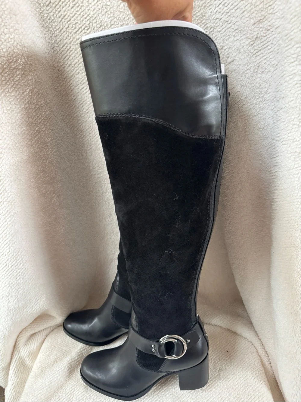 Marc Fisher Editer Black Leather Suede Tall Knee Boots buckle detail 6W